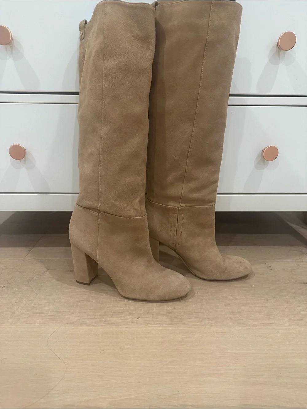 Sam Edelman Tan Knee-High Suede Block Heel Boots